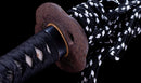 Katana Antigua Japonesa con Koshirae de Laca Negra y Tsuba de Hierro con Motivo de Plumas firmada Chikushi Tadamasa - Hozon